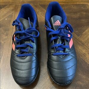 Adidas Black and Pink Soccer Shoes with Blue Laces